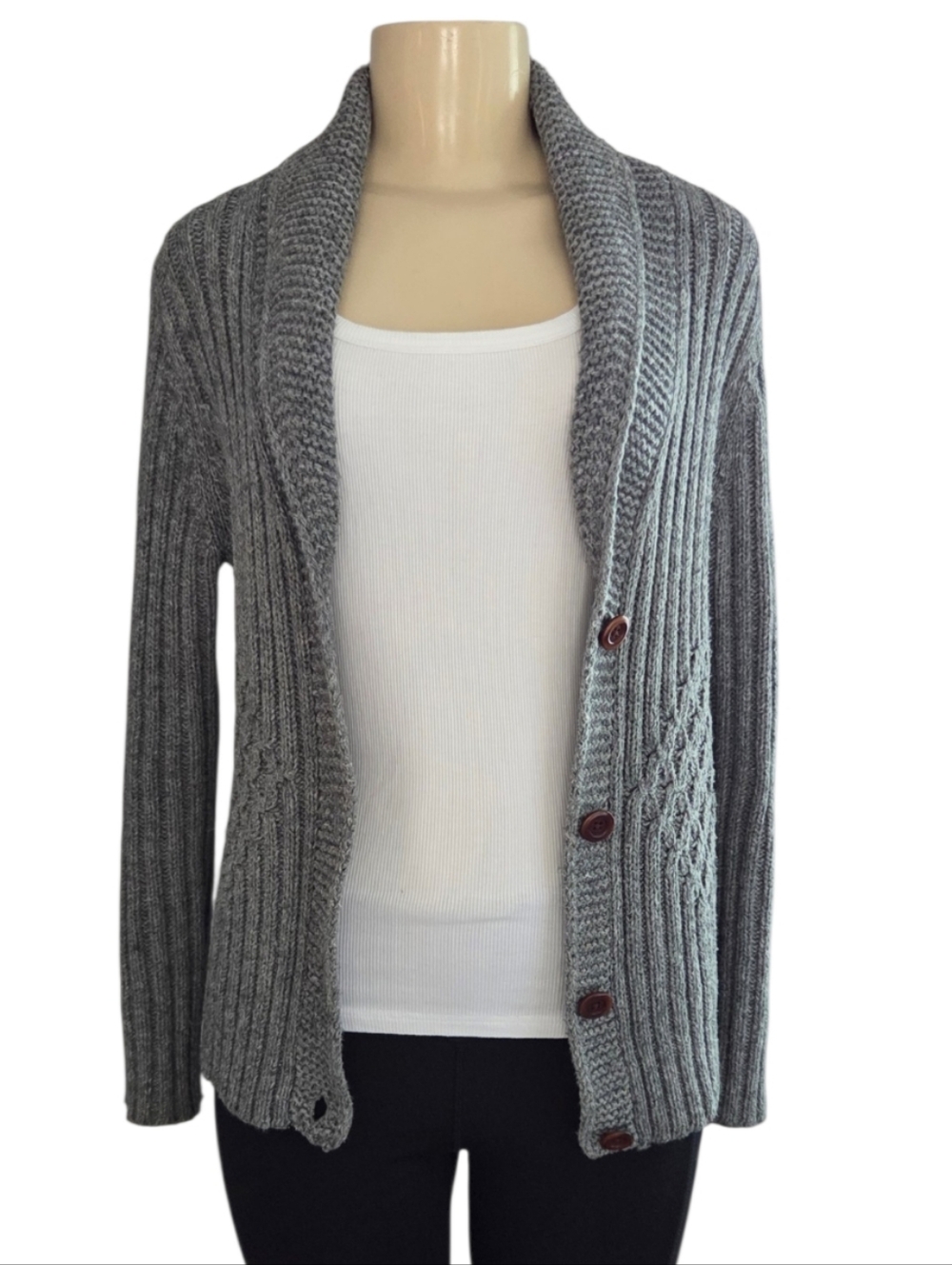 Lands’ End Women’s Gray Cable Knit Shawl Collar Cardigan Sweater Size S/P - Picture 2 of 6